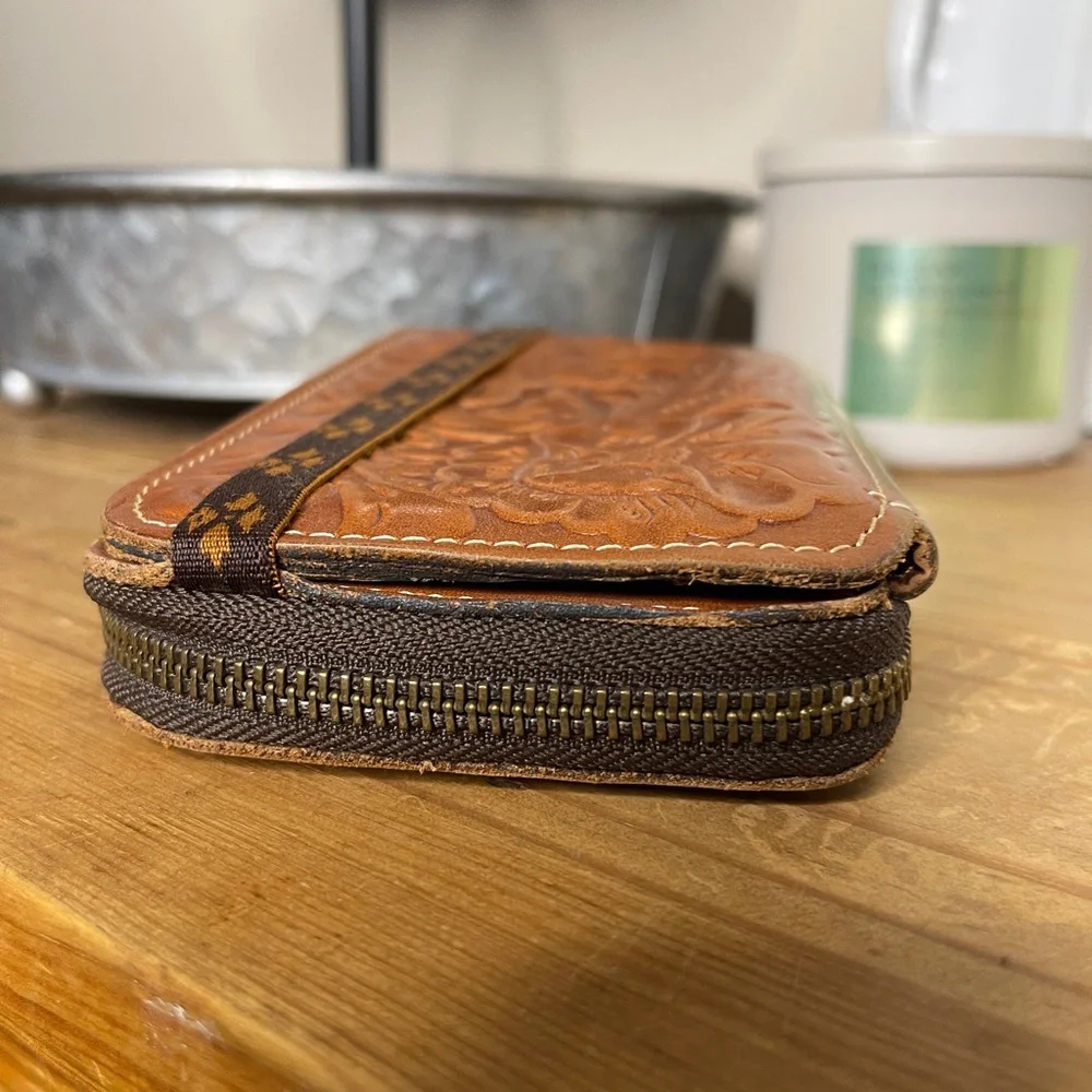 Patricia Nash Embossed Tool Leather Wallet- Floral Boho Zip Around Clutch - Picture 4 of 11